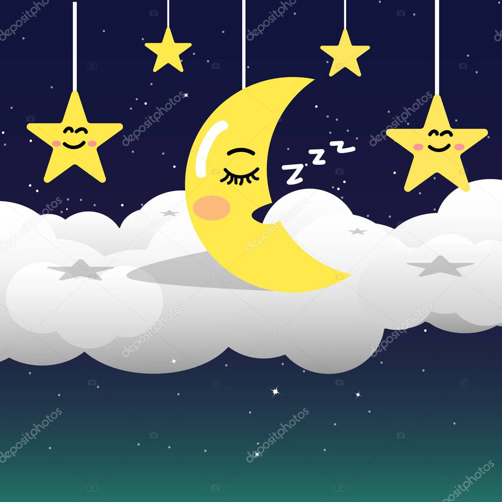 Moon in night sky with stars on space and galaxy background, good night, sweet dream sleeping concept using for kids vector illustration, flat design astronomy