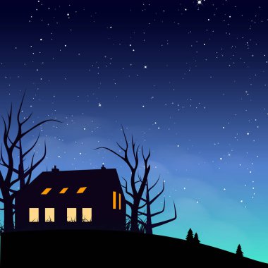 House siluet poster gece sahne yıldız dağılım galaxy ve boşluk kavramı arka plan vektör çizim ile