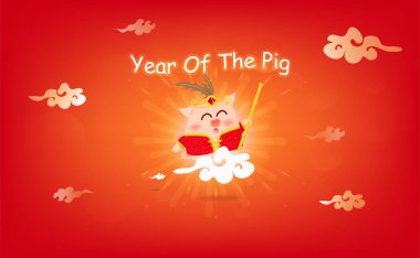 Yıl 2019, domuz, domuz binme gökyüzü, Güneş yükseliyor, Çin yeni yılı, çizgi film karakterleri kutlama Festivali arka plan vektör çizim