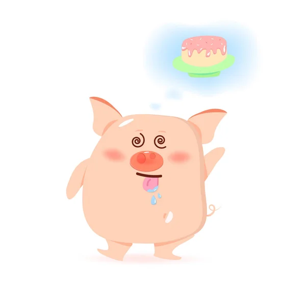 豚の空腹の甘いケーキ かわいい漫画のキャラクター 中国正月 白い背景ベクトル図の豚の年 — ストックベクタ