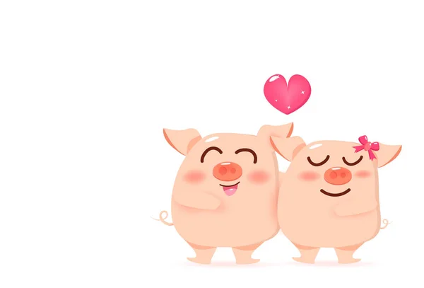 豚の心臓 バレンタインの日のマスコット 幸福かわいい漫画キャラ ベクトル イラスト白背景にカップルを愛する — ストックベクタ