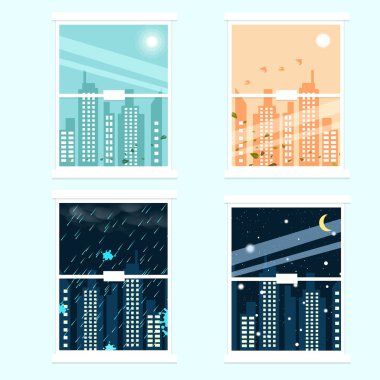 Cityscape, dört mevsim mevsim değiştirmek kentsel düz tasarım iç kavramı arka plan vektör çizim