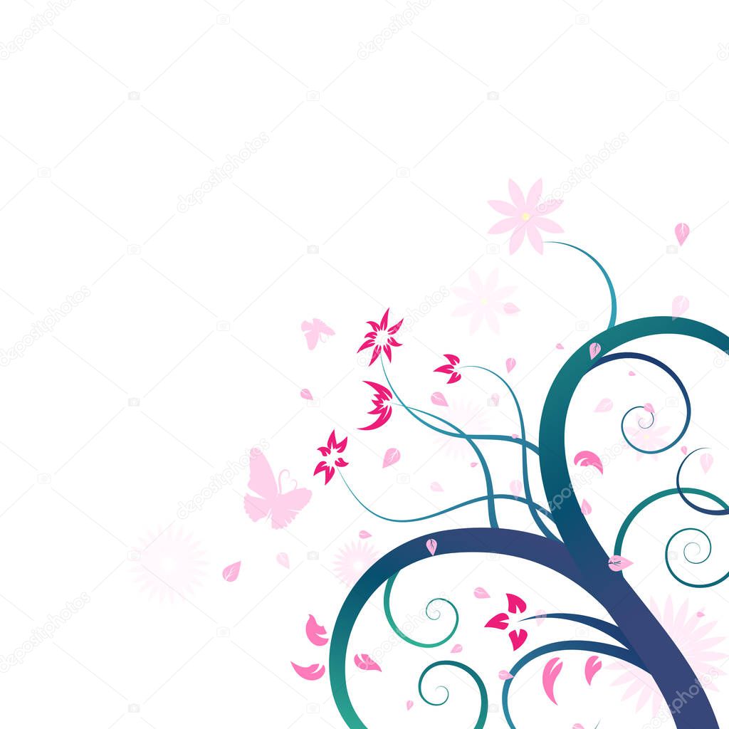 Floral, pink flowers and butterfly scatter art brush design abstract background vector illustration