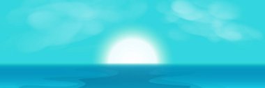 Sunrise, deniz ve gökyüzü arka plan vektör çizim, uzun yatay tarzı