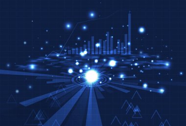 İş teknolojisi, dijital çubuk grafik, kılavuz ve kavramı mavi arka plan parlayan parçacıkları ile veri analizi illüstrasyon vektör