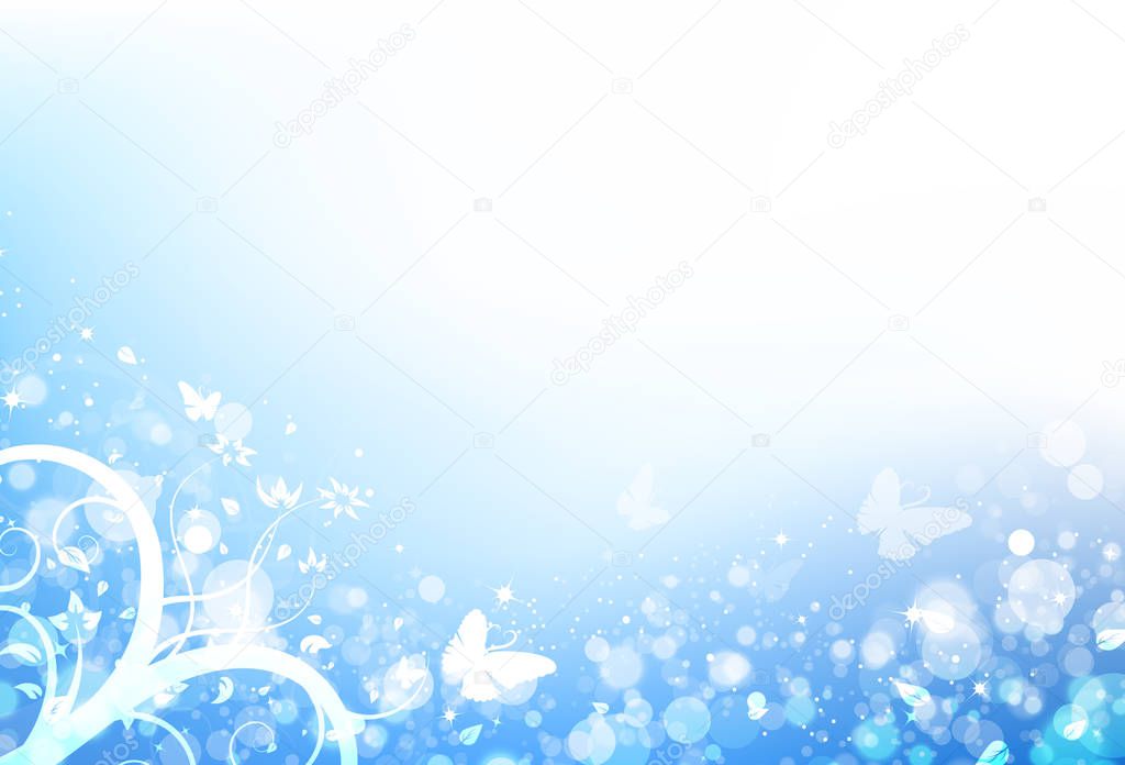 Butterfly and leaves scatter with blur fresh bubble air and star shine sparkle blue sky Bokeh winter nature season concept abstract background vector illustration