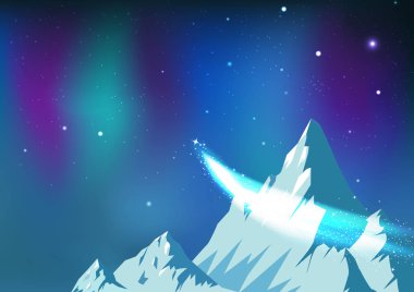 Stars scatter, comet traveling on night sky with aurora, fantasy astronomy constellation ice mountains landscape arctic concept abstract background vector illustration clipart