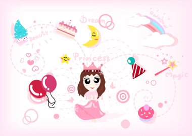 Şirin Prenses hikaye koleksiyonu kümesi, kutlama, parti ve tatil pembe pastel fantezi karikatür kavramı arka plan vektör çizim