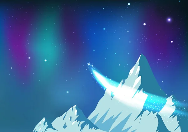 Yıldız dağılım, gece gökyüzünde aurora ile seyahat eden kuyruklu yıldız, fantezi astronomi takımyıldızı buz Dağları kutup kavramı arka plan vektör çizim manzara