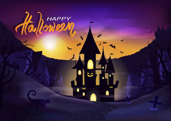 Happy Halloween Dag Affisch Inbjudan Ljus Lysa Palace Med Bergen — Stock vektor