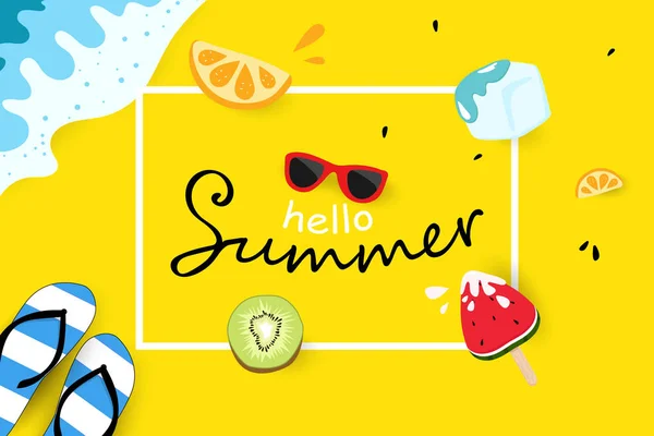 Merhaba yaz, seyahat mevsimlik tatil tatil, tebrik kartı, p — Stok Vektör