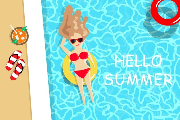 Yaz, Bayan kırmızı bikini giyen yüzme havuzunda bir güneş banyosu var, — Stok Vektör