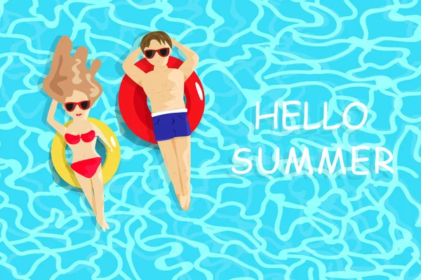 Été, Homme et femme se relaxant sur la piscine, vacances saisonnières — Image vectorielle