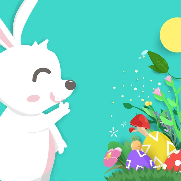 Tarjeta de felicitación de Pascua, estilo de corte de papel, conejo adorable en el jardín — Vector de stock