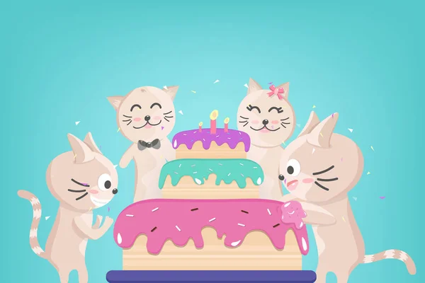 Happy Birthday cake, cute kitten family celebration, confetti fa — Stock Vector