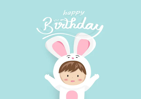 Herzlichen Glückwunsch zum Geburtstag, Glückwunschkarte, entzückendes Hasenkind-Maskottchen, niedliches C — Stockvektor