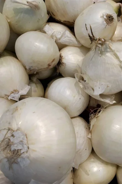 Hortalizas Frescas Cebolla Blanca Primer Plano Caja Caja Fondo Mercado —  Fotos de Stock