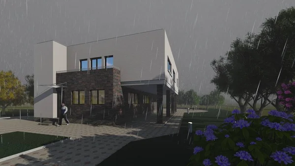 Rain. Detached house with Office premises at ground floor level .3D rendering
