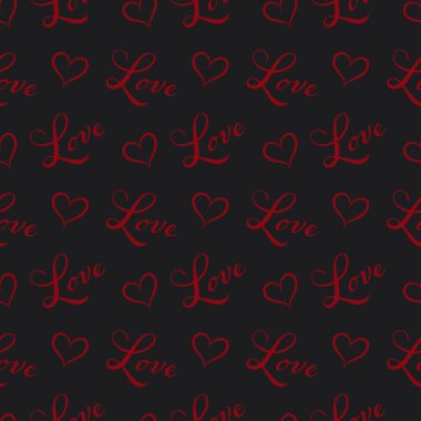 Tekrarlayan kırmızı kalpler ve el yazısıyla yazılmış aşk. Romantik siyah arkaplan kusursuz desen. Sonsuz kız baskısı. Şirin vektör illüstrasyonu.