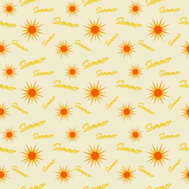 Açık sarı arka planda, sarı metin yazıyla parlak güneş. Vektör kusursuz desen. Çizgi film biçimi