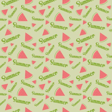 Yeşil arkaplanda yeşil metin içeren karpuz dilimleri. Vektör kusursuz desen. Çizgi film biçimi