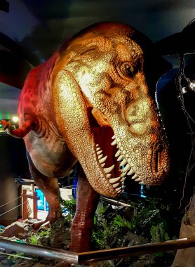 Kuala Lumpur, Malezya - 25 Ağustos 2018: T-rex (Tyrannosaurus) dinozor yineleme Petrosains Suria Klcc. Petrosains petrol sanayi bilim için ilgili etkileşimli bir sergiler olduğunu