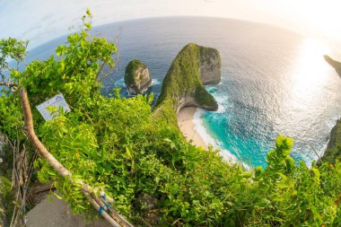Güzel gün batımı ve Kelingking beach veya Manta defne şaşırtıcı görünümünü Nusa Penida Adası, Bali, Endonezya