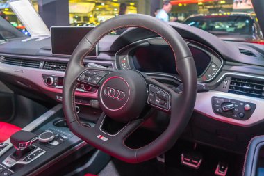 SINGAPORE - JANUARY 12, 2019: Steering Wheel from Audi S5 Cabriolet at the Singapore Motorshow clipart