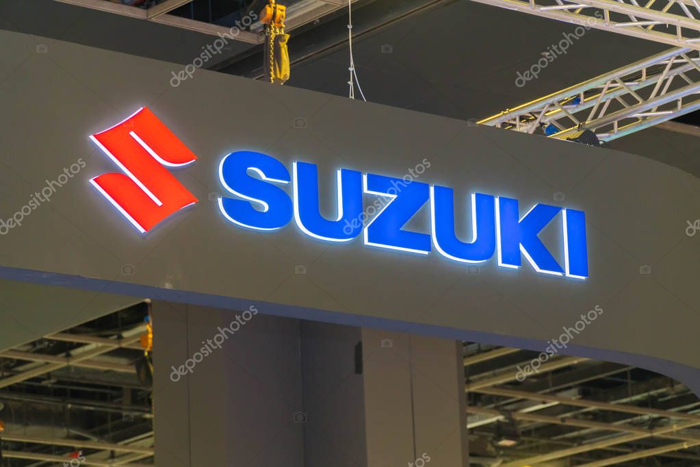 SINGAPORE - JANUARY 12, 2019: Suzuki company logo at the Singapore Motorshow