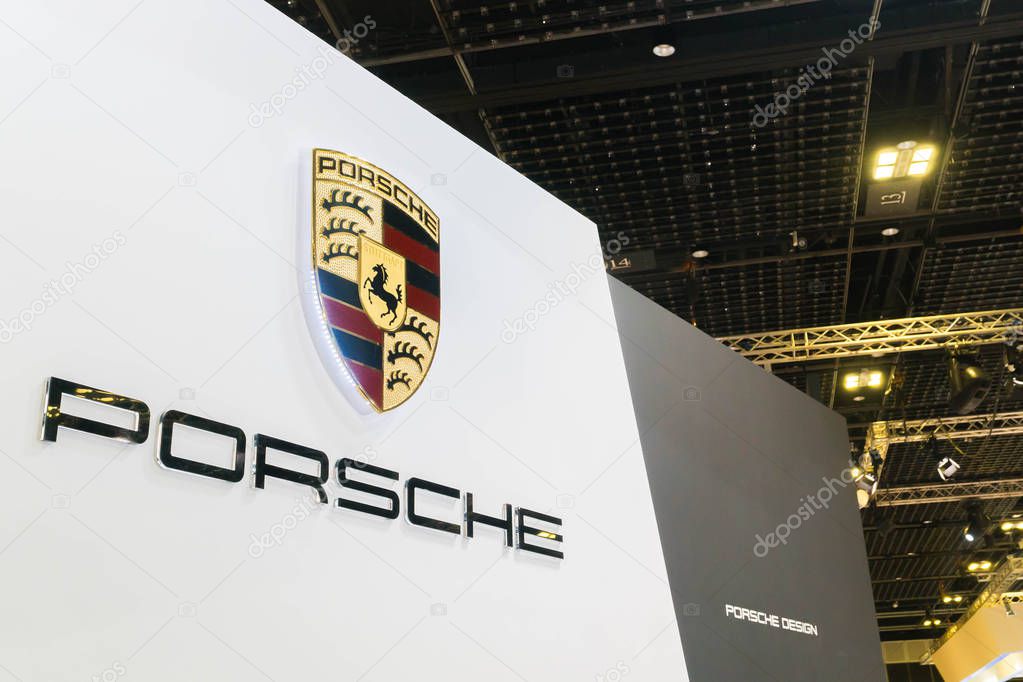 SINGAPORE - JANUARY 12, 2019: Porsche logo at Singapore Motorshow