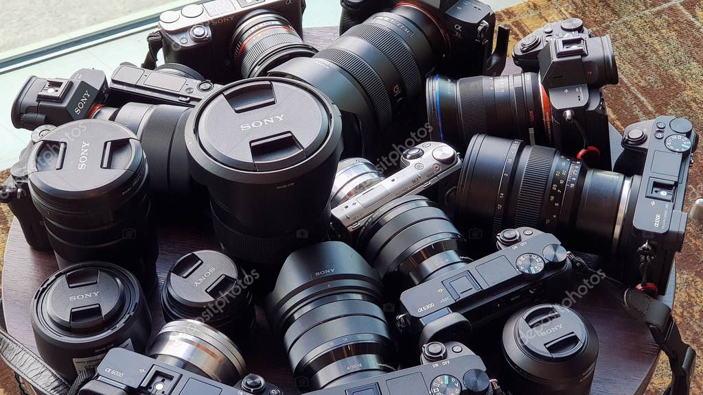 SINGAPORE - JANUARY 13, 2019: Arrangement of Sony Camera and Lenses