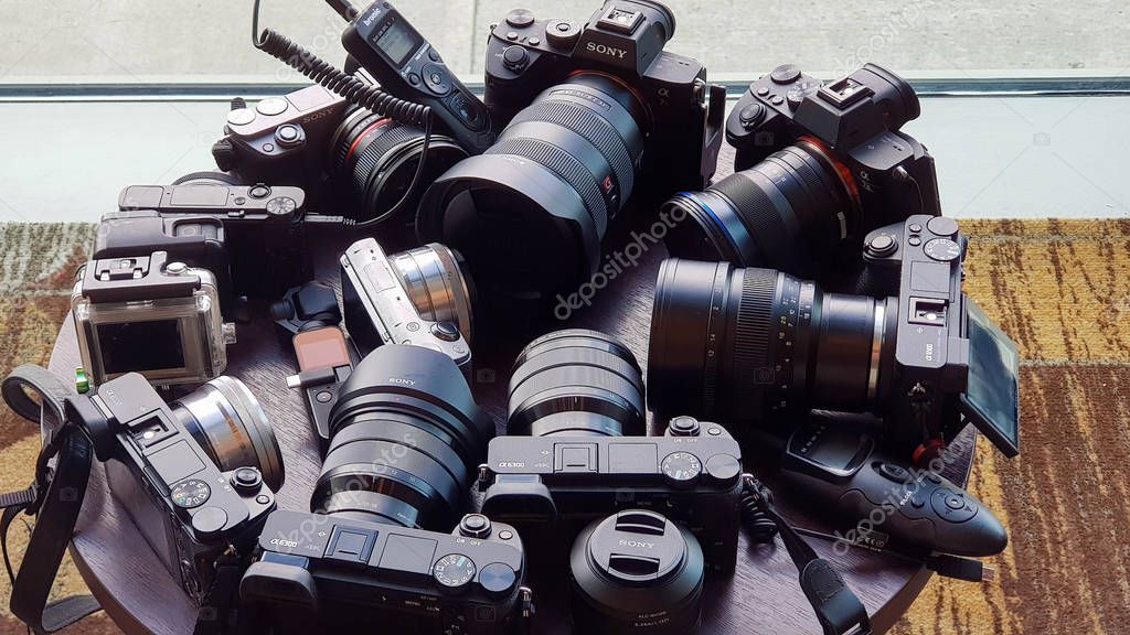SINGAPORE - JANUARY 13, 2019: Arrangement of Sony Camera and Lenses