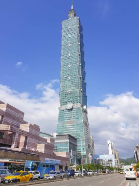 Taipei 101 güneşli bir günde bina ve açık mavi gökyüzü
