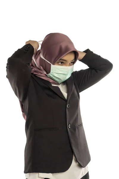 Obchodní Životní Styl Roztomilý Malajsky Žena Sobě Hidžáb Obličeji Maska — Stock fotografie