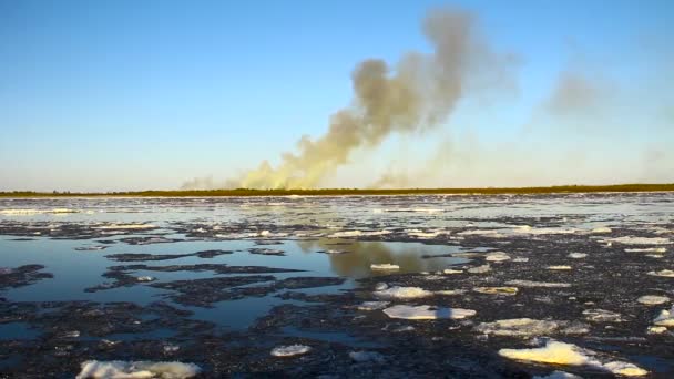 濃い青い水の中で氷の流れと浮かぶ白い氷が流れ 他の海岸の大きな森林火災の煙が水中の大きな川に映る — ストック動画