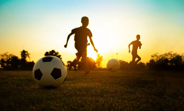 Alacakaranlık günbatımı gökyüzü altında toplum kırsal alanda egzersiz için futbol futbol oynarken eğlenen bir grup çocuk siluet eylem spor açık havada.