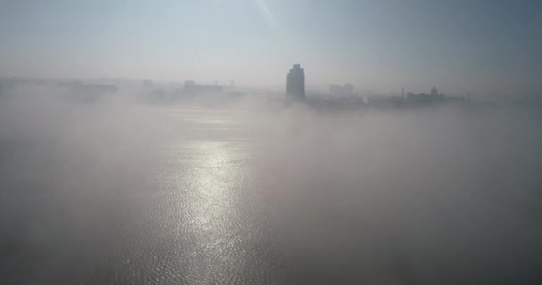 Huge Barge River Dnipro Morning Fog Visible Silhouette Buildings City — Stock Video