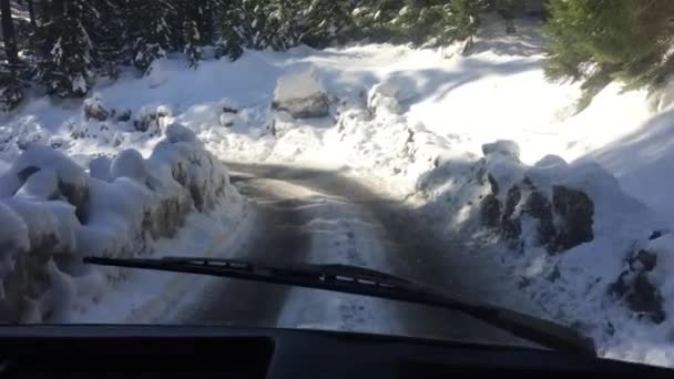 Montar Vehículo Todo Terreno Uaz Largo Camino Montaña Invierno Bosque — Vídeos de Stock