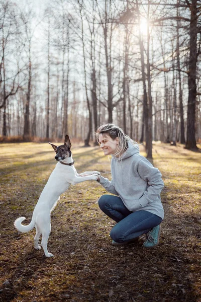 Les filles dressant un chien dans le parc.. — Photo