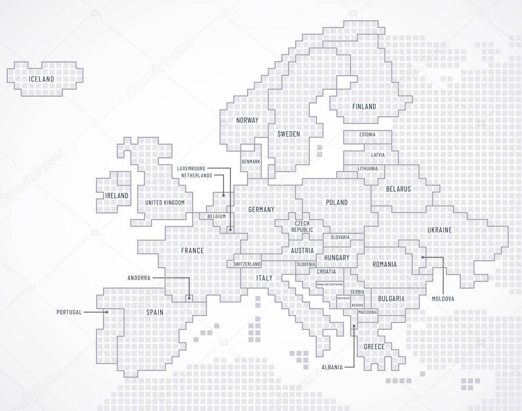 Digital map of Europe continent with state borders with description