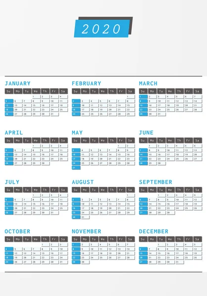 日历2020在蓝色设计与空间为商业文本 — 图库矢量图片