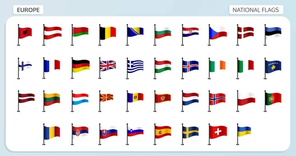 Ensemble Vectoriel Drapeaux Nationaux Europe Dans Conception Des Mâts Drapeau — Image vectorielle