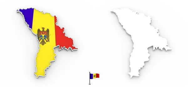 3D карта Молдови білим силует та прапор — стокове фото