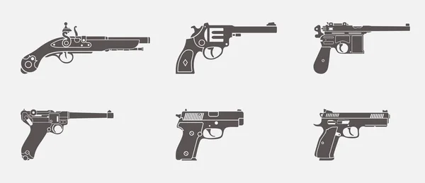 One handed pistols silhouette vector icon set — Stock Vector