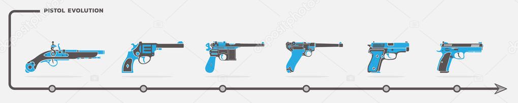 Vector set of pistol and handgun icons in flat design