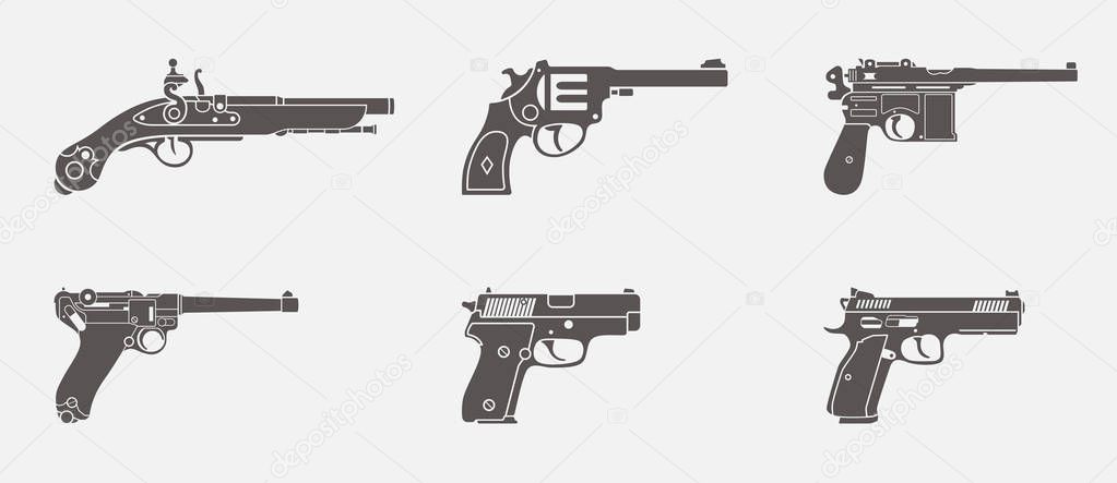 Vector set of one handed weapons pistol and handgun icons in one color shape