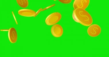 Gerçekçi 3d dolar sikke yeşil arka plan üzerinde yukarıdan aşağıya düşen