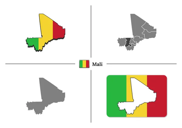 Mapa Mali s národními vlajkami a státními regiony ve vektorové sadě — Stockový vektor