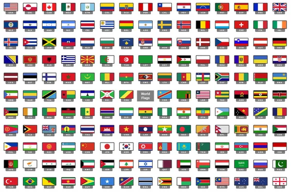 Conjunto Bandeiras Nacionais Ícones Retangulares Código Nacional —  Vetores de Stock