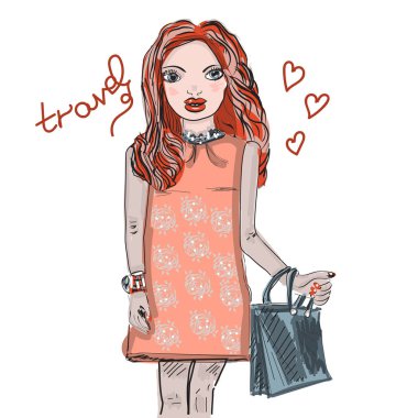 El çekilmiş güzel şirin kızıl saçlı kız zarif bir elbise. Vektör çizim.